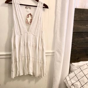 White Flowy Dress, Deep V Neck, Eyelet Lace Detail